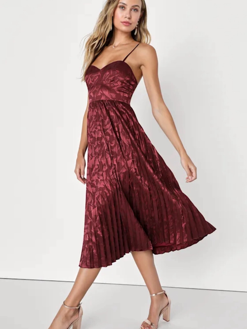 Lulus Chic Sensibility Burgundy Satin Jacquard Pleated Midi Dress